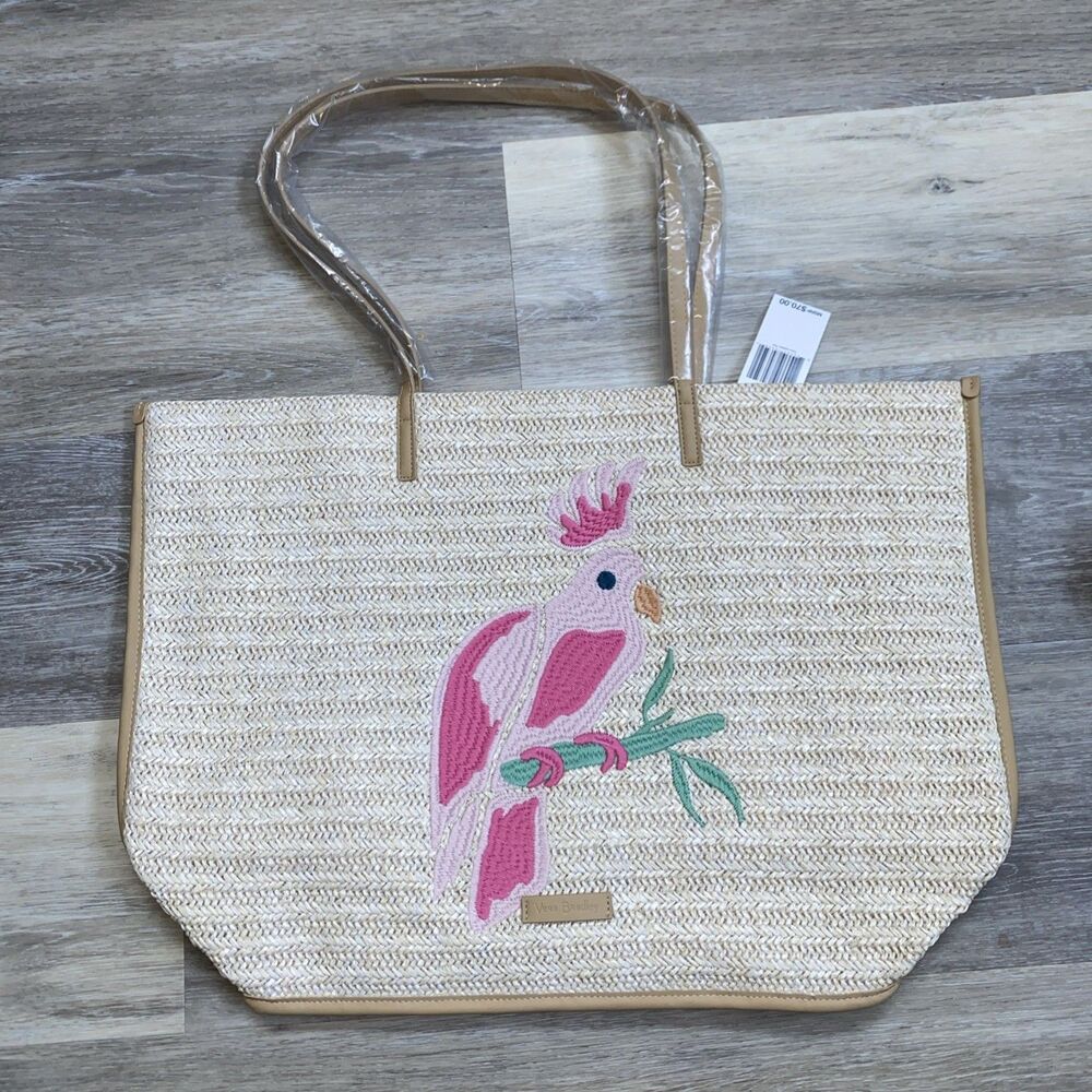 Vera Bradley Straw Tote Light Natural Straw Pink Embroidered Parrot OS NWT - Picture 2 of 10